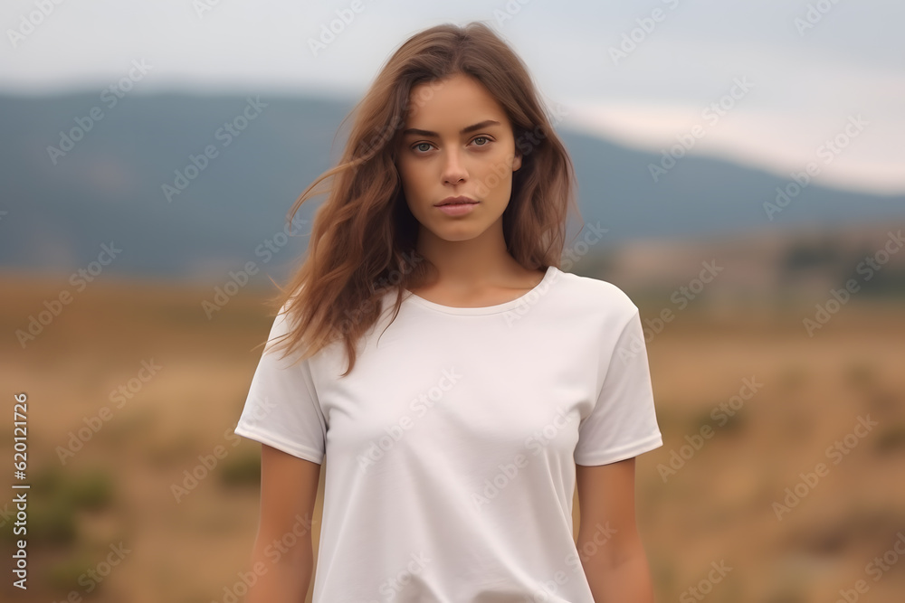 Young brown adult around 30s in clean white t-shirt, standing with some blurry scenery behind concept of t-shirt mockup Young brown adult around 30s in clean white t-shirt, standing with some blurry scenery behind concept of t-shirt mockup