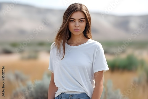 Young blond boho girl model at the age of 20s standing with some blurry scenery behind with a clean white t-shirt  concept of t-shirt mockup