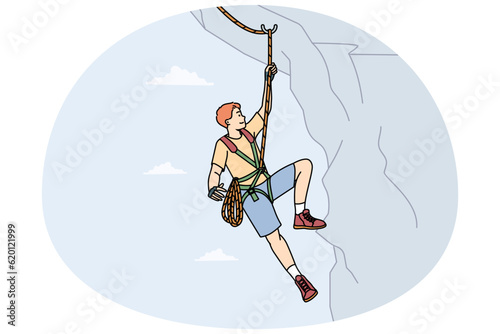 Man climbing mountain with special equipment. Male climber hanging on cliff. Mountaineer and extreme sport concept. Vector illustration.