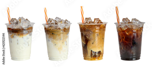 Set of ice caramel latte coffee and black amricano coffee cold isolated clipping path clean cut on white background.