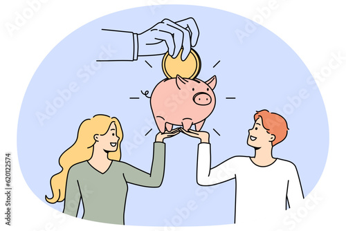 Couple saving money in piggy bank care about future investments. Young family manage finances in piggybank. Financial stability and banking. Vector illustration.