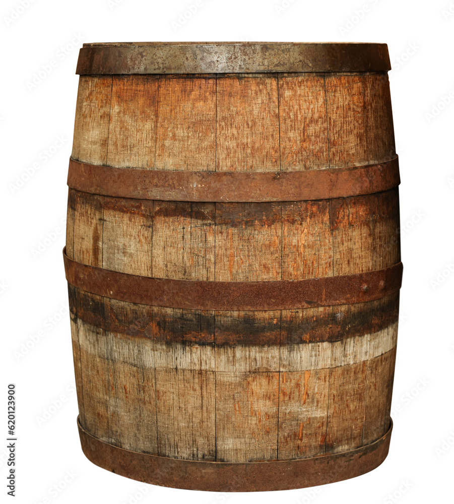 Fototapeta premium One wooden barrel with metal hoops isolated on white
