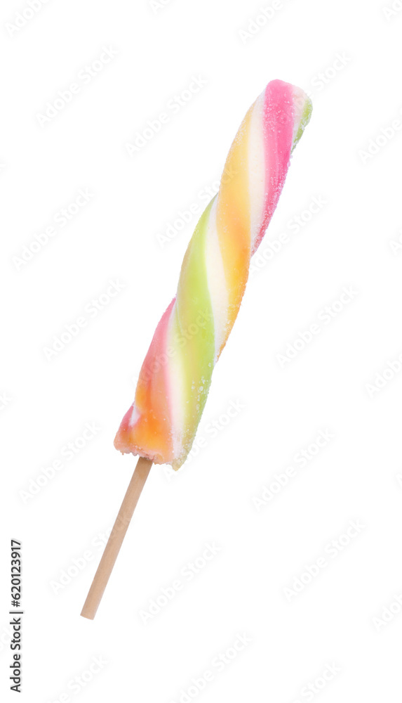 Delicious ice pop on white background, top view. Fruit popsicle