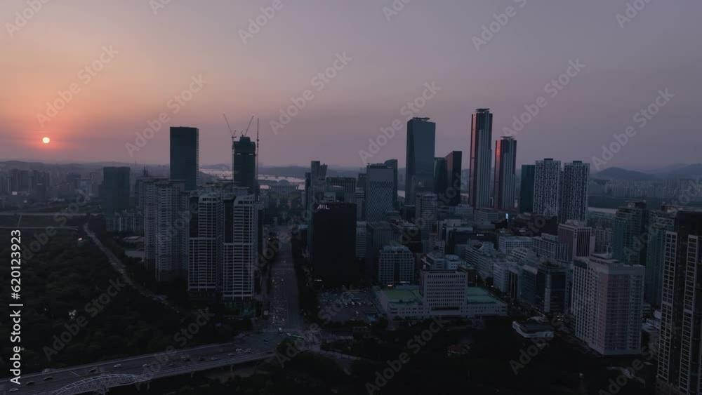 Drone View of Seoul city in South Korea, Sunset in Yeouido Financial District 60fps