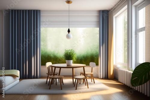 Bedroom interior concept. design with double bed, plants in pots and large windows. Sunny cozy room with table and chairs, windows and curtains. Simple living room, kitchen. Generative ai.