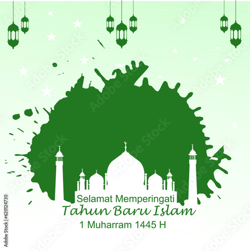 Selamat Tahun baru Islam Happy New Hijri Year, Islamic New Year 1445 Hijriyah (1 muharram)  card design decorative happy muharram background and Islamic new year greeting card template with Mosque
