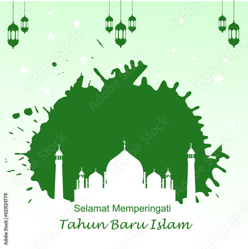 Selamat Tahun baru Islam Happy New Hijri Year, Islamic New Year 1445 Hijriyah (1 muharram)  card design decorative happy muharram background and Islamic new year greeting card template with Mosque
