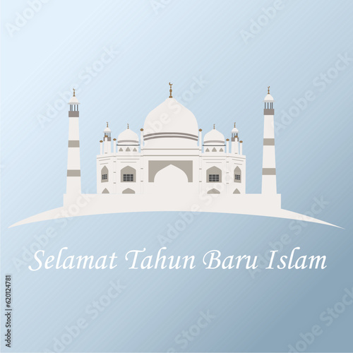 Selamat Tahun baru Islam Happy New Hijri Year, Islamic New Year 1445 Hijriyah (1 muharram)  card design decorative happy muharram background and Islamic new year greeting card template with Mosque
