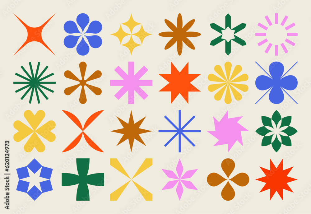 Collection of star and flower geometric shapes, inspired by Brutalism. Colorful, minimalist and abstract symbols. Isolated vector and decorative patterns. Collection of star and flower geometric shapes, inspired by Brutalism. Colorful, minimalist and abstract symbols. Isolated vector and decorative patterns.
