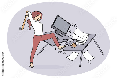 Angry woman employee crash office table suffer from nervous breakdown at workplace. Furious businesswoman break furniture in cabinet having burnout. Vector illustration.