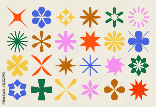 Collection of star and flower geometric shapes, inspired by Brutalism. Colorful, minimalist and abstract symbols. Isolated vector and decorative patterns.