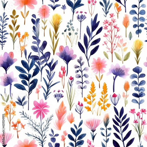 seamless floral pattern, watercolor painting of spring season plants style pattern, AI generated.