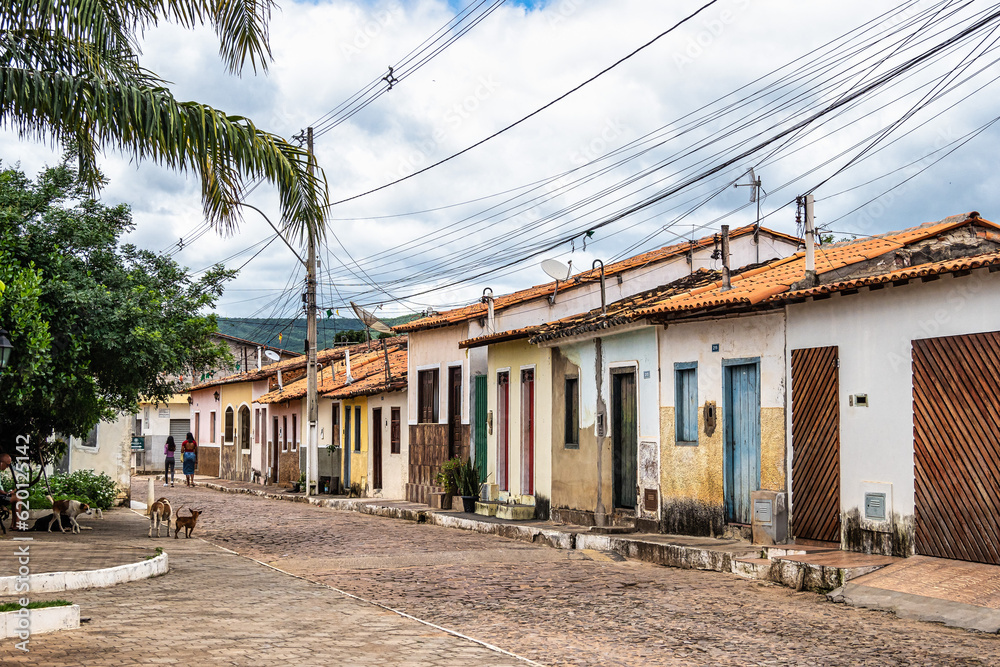 Street with colorful houses in colonial style at Palmeiras in Vale do Capao in Chapada Diamantina, Bahia, Brazil