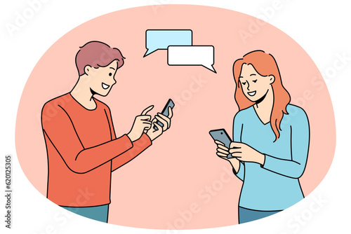 Happy man and woman chatting texting online on smartphones. Smiling couple dating on internet. Social media application concept. Vector illustration.