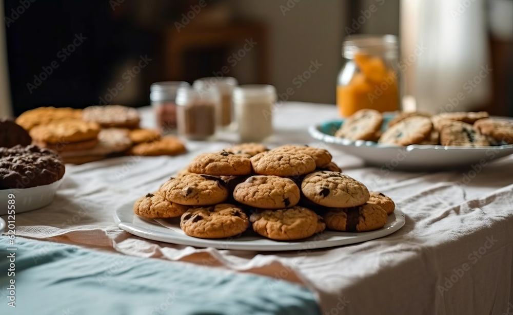 Homemade oatmeal cookies with raisins and chocolate chips on the table. Generative AI
