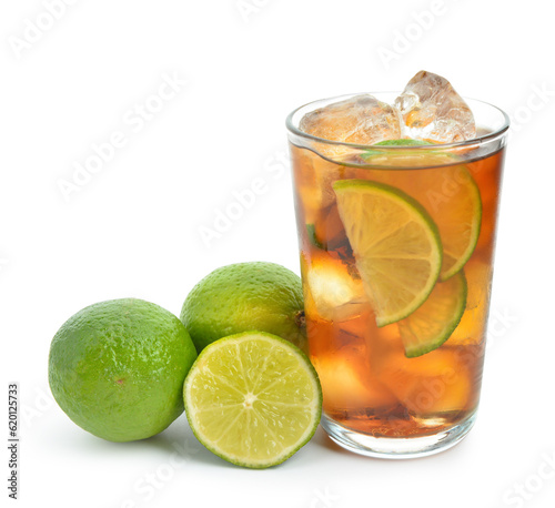 Glass of cold Cuba Libre cocktail isolated on white background