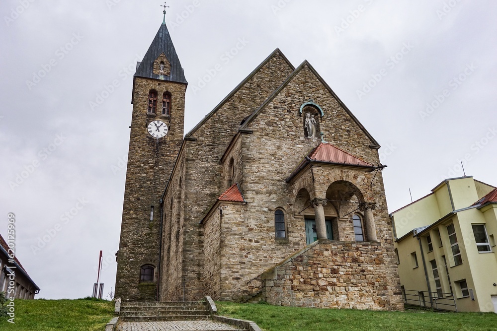 Kostel sv. Jana Krtitele church of John the Baptist in Zajeci, Czech Republic with its clock tower