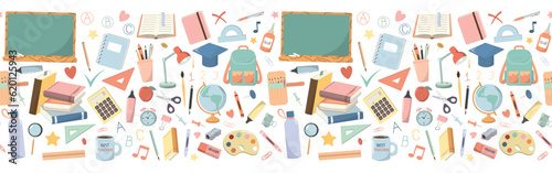 Obraz na plátně School education seamless border with cartoon school supplies, stationery