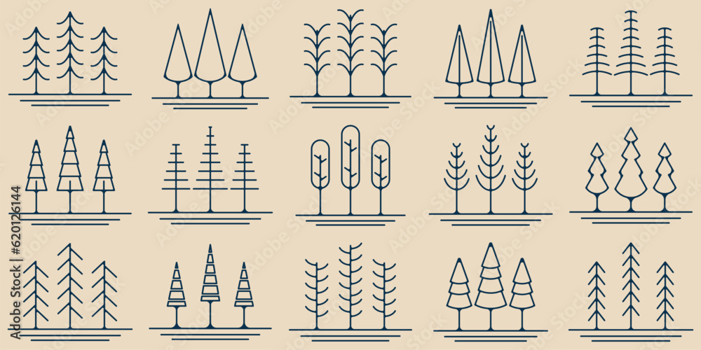 set pines tree line art icon logo symbol minimalist vector illustration design
