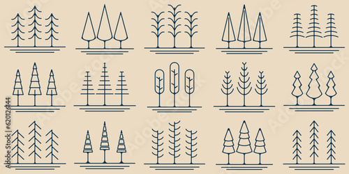 set pines tree line art icon logo symbol minimalist vector illustration design