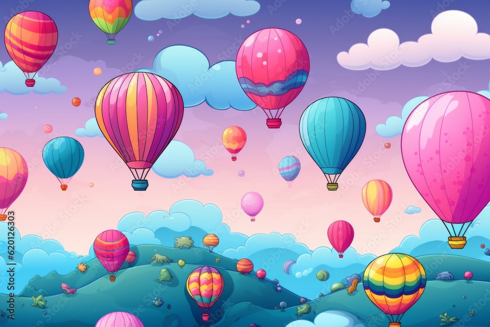Cartoon Cute Doodles Balloons In The Sky Seamless Pattern, Generative AI