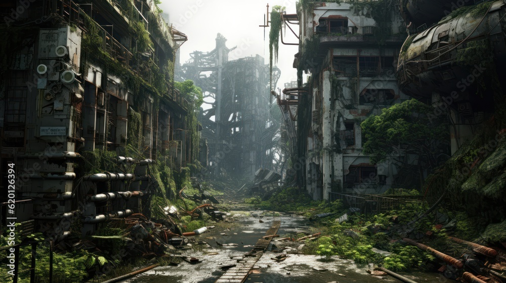 Depict the remnants of a once - thriving city now in decay, with dilapidated buildings, overgrown vegetation, and cybernetic scavengers searching for valuable tech