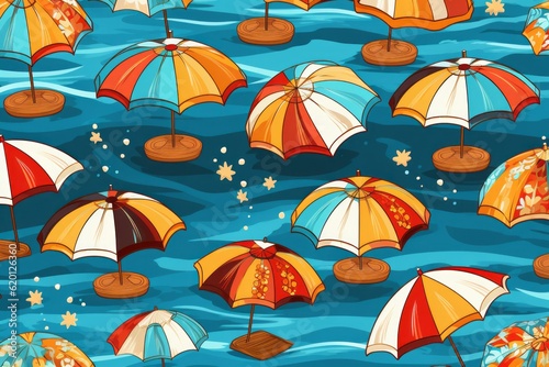 Cartoon Cute Doodles Beach Umbrella Seamless Pattern, Generative AI © Starlight