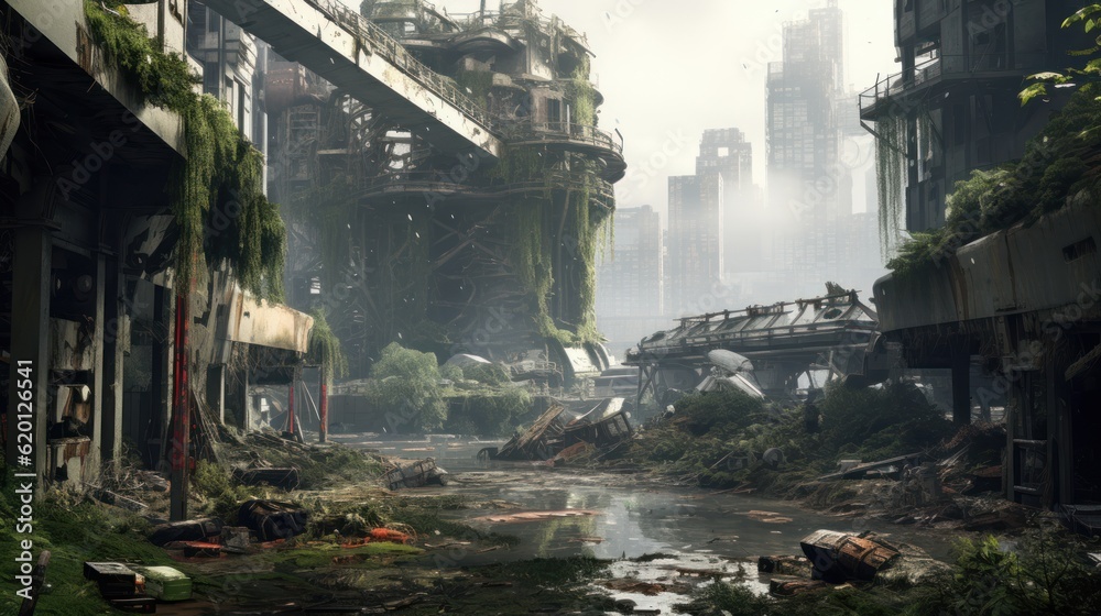 Depict the remnants of a once - thriving city now in decay, with dilapidated buildings, overgrown vegetation, and cybernetic scavengers searching for valuable tech