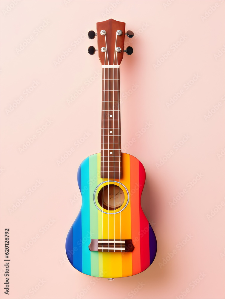 colorful rainbow ukulele guitar isolated on plain pink studio background, made with generative ai