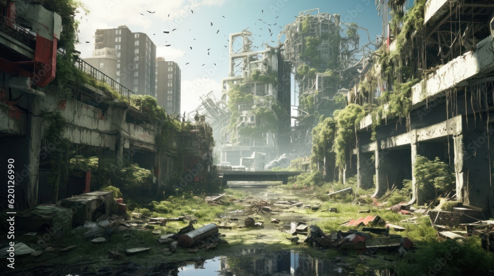 Depict the remnants of a once - thriving city now in decay, with dilapidated buildings, overgrown vegetation, and cybernetic scavengers searching for valuable tech Depict the remnants of a once - thriving city now in decay, with dilapidated buildings, overgrown vegetation, and cybernetic scavengers searching for valuable tech