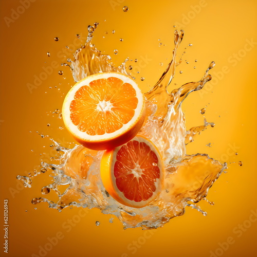 juicy orange slices in taste splash explosion isolated on plain color studio background, made with generative ai