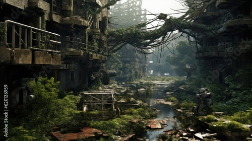 Depict the remnants of a once - thriving city now in decay  with dilapidated buildings  overgrown vegetation  and cybernetic scavengers searching for valuable tech