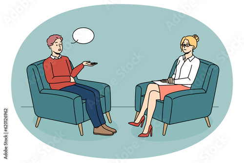 Man talking with female psychologist on session. Male patient sit in chair having psychotherapy session with counsellor. Mental health problem concept. Vector illustration.