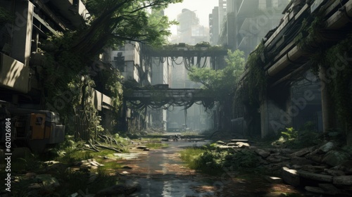 Depict the remnants of a once - thriving city now in decay, with dilapidated buildings, overgrown vegetation, and cybernetic scavengers searching for valuable tech