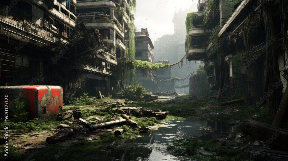 Depict the remnants of a once - thriving city now in decay, with dilapidated buildings, overgrown vegetation, and cybernetic scavengers searching for valuable tech