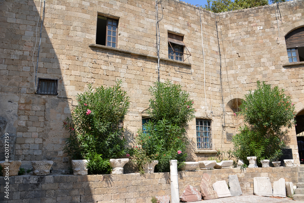 brick wall with green trees of ancient medieval castle isolated, close up