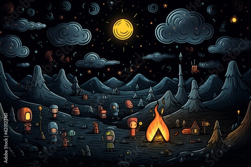 Cartoon Cute Doodles Campfire Under The Stars Seamless Pattern, Generative AI