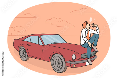 Cool young man sitting on retro car smoking. Guy relaxing near vintage automobile with cigarette. Vector illustration.