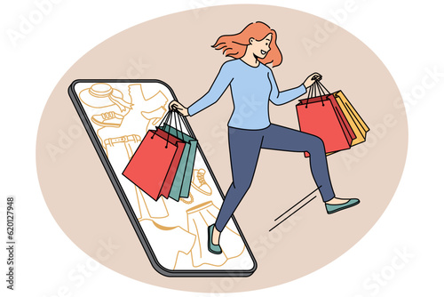 Excited young woman with bags shopping online on smartphone on seasonal sales. Smiling girl have fun buying on internet on cellphone. Consumerism. Vector illustration.