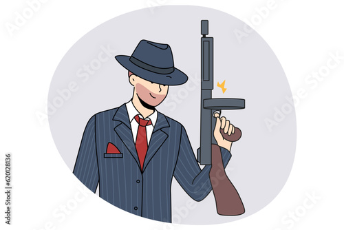 Bearded man criminal in suit and hat holding handgun. Male gangster with gun in hands. Concept of crime and mafia. Vector illustration.