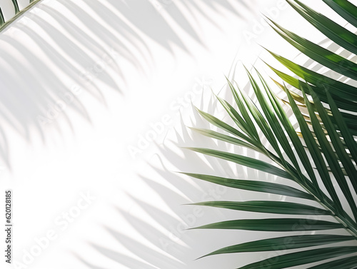Selective focus of palm leaf with shadow and nature lightning on wall background.Tropical and summer pattern.generative ai images