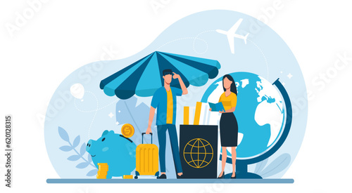 Vector of a man and a woman with passports and airline tickets ready for a safe journey
