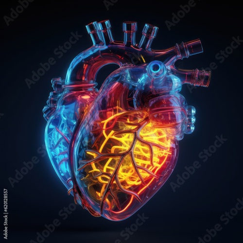 Illustration of a stylized, translucent, modern futuristic human heart like an x-ray - Generative AI