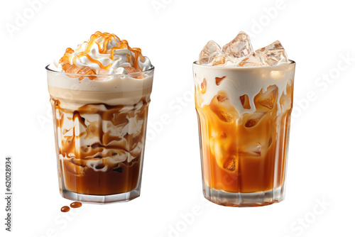 Iced caramel macchiato isolated on transparent background. generative Ai