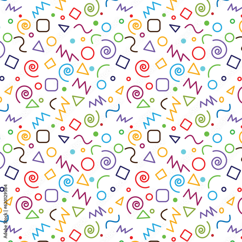 Fototapeta premium Fun colorful line doodle seamless pattern. Simple childish scribble backdrop. Colorful swirls, circles, lines.