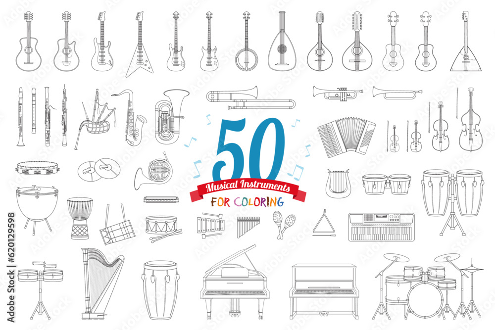 Vector illustration set of 50 musical instruments for coloring in ...