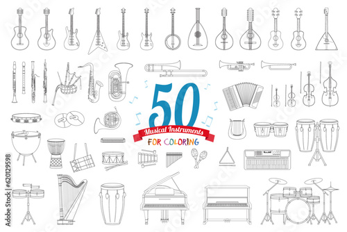 Vector illustration set of 50 musical instruments for coloring in cartoon style Fototapet