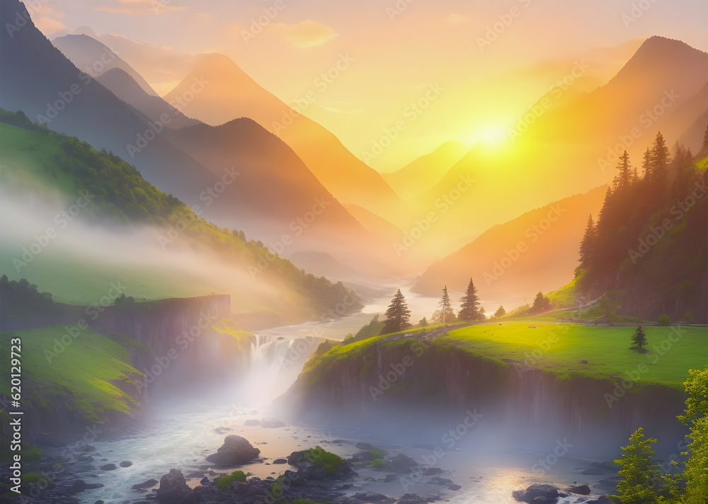 beautiful natural landscape river and mountains at sunset.ai generated