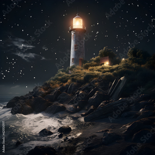 lighthouse at night in the sea