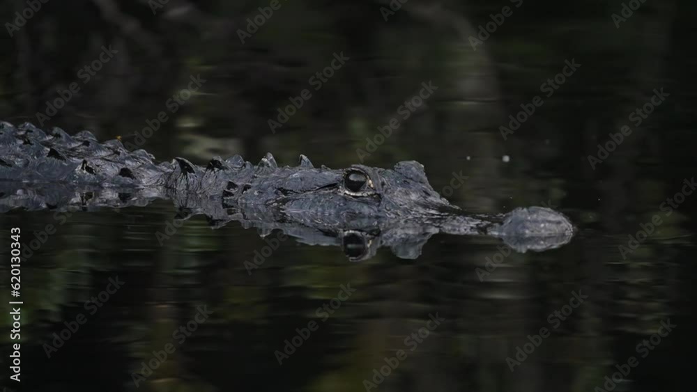 Closeup Of Alligator Swimming In The River With Calm Water. Closeup Of Alligator Swimming In The River With Calm Water.